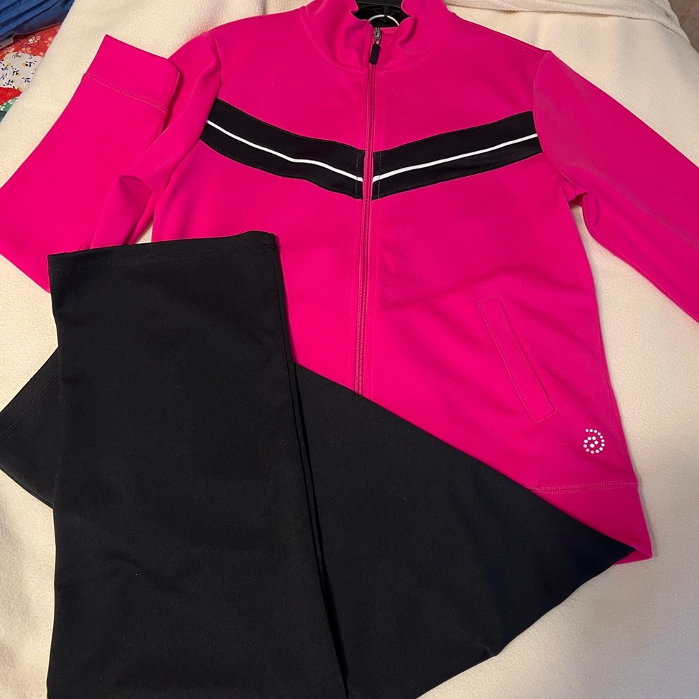 2 piece set from Belks. NWOT. Pink jacket w/ black pull on pants. Inseam 31”.